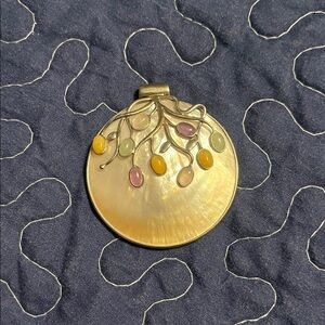 Gold-Tone Round Pendant with Colorful Enamel Leaves